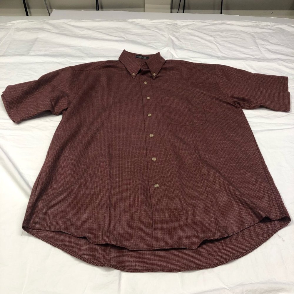 Van Heusen Mens Button Down Shirt Brown Red Tattersall Wrinkle Free M 15-15.5